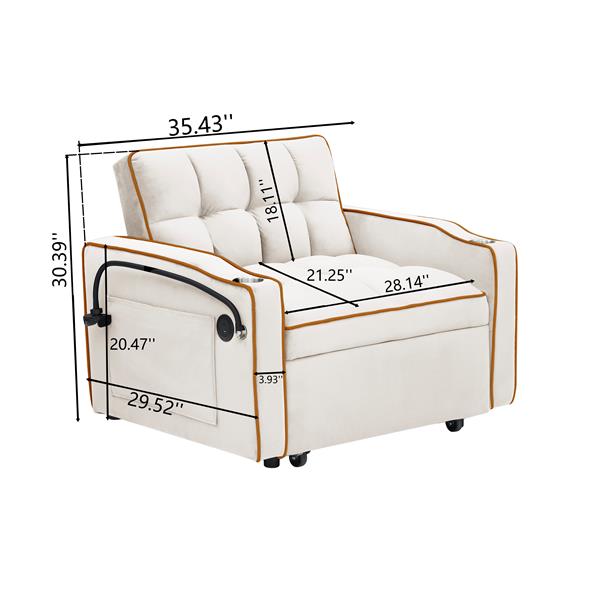 1 versatile foldable sofa bed in 3 lengths, modern sofa sofa sofa velvet pull-out bed, adjustable back and with USB port and ashtray and swivel phone stand creamy white