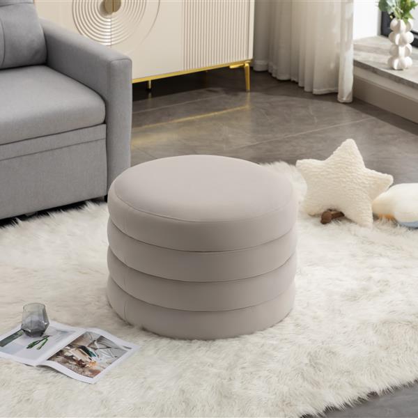 007-Velvet Fabric Storage Round Ottoman Footstool With Wooden Shelving,Light Gray