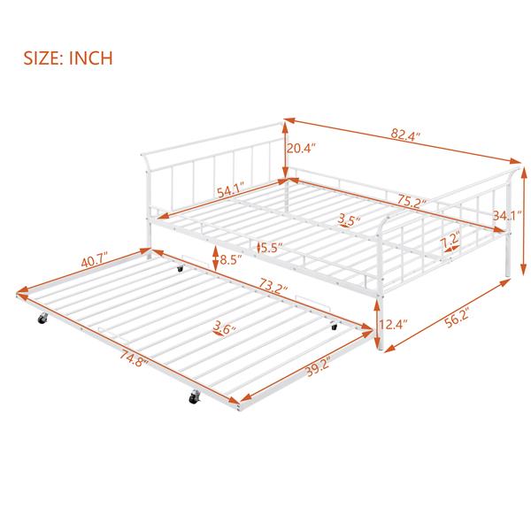 Full Size Metal Daybed with Curved Handle Design and Twin Size Trundle, White