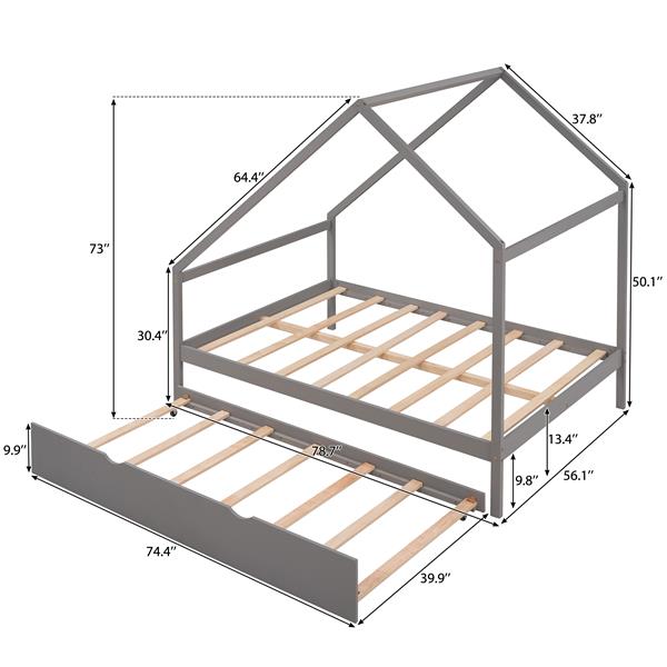 Full Size Wooden House Bed With Twin Size Trundle, GRAY