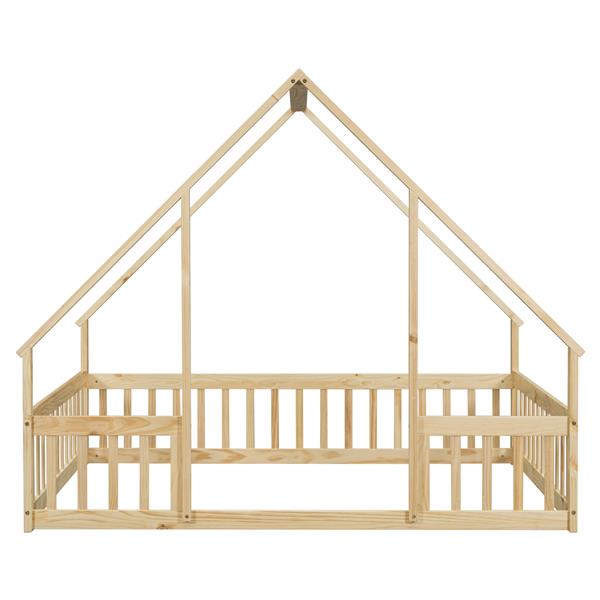 Full Wood House-Shaped Floor Bed with Fence, Guardrails,Natural