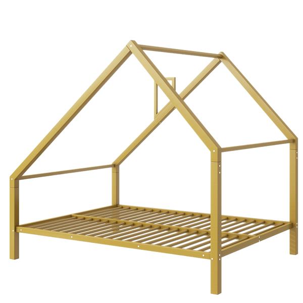 Full Size Metal House Platform Bed with Roof and Chimney, Gold