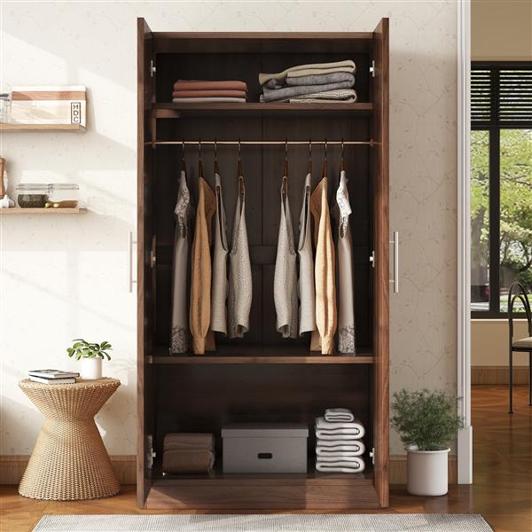 2-Door Wooden Wardrobe Armoire with 3 Storage Shelves, Brown