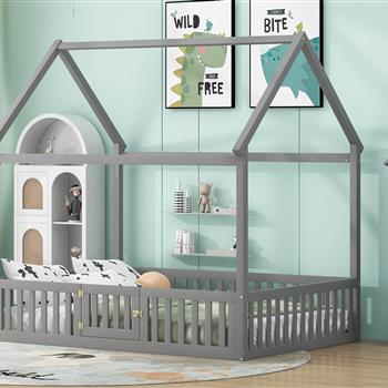 Full Size Wood House Bed with Fence and Door, Gray