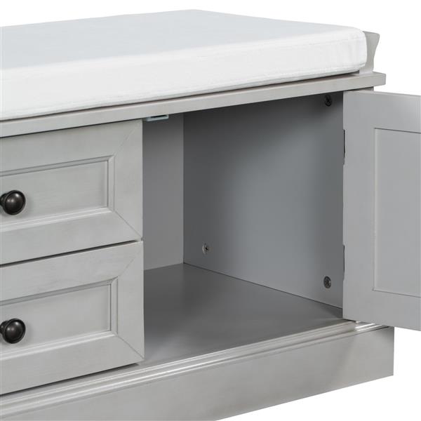 Storage Bench with 2 Drawers and 2 Cabinets, Shoe Bench with Removable Cushion for Living Room, Entryway (Gray Wash)