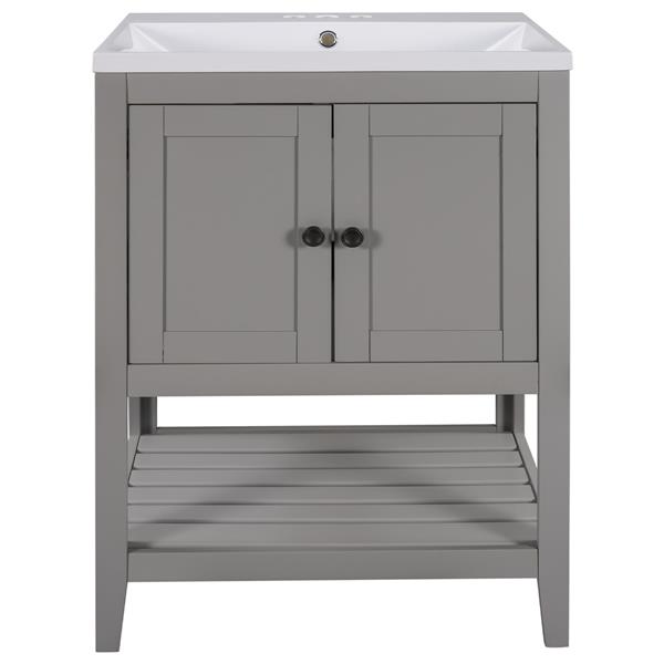 [VIDEO] 24" Grey Modern Sleek Bathroom Vanity Elegant Ceramic Sink with Solid Wood Frame Open Style Shelf