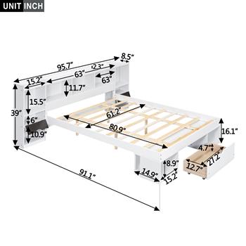 Queen Size Wood Platform Bed with Multi-storage Headboard and a Drawer, White(Expected Arrival Time: 6.16)