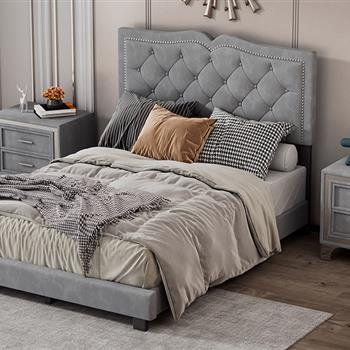 Full Size Upholstered Bed Frame with Rivet Design, Modern Velvet Platform Bed with Tufted Headboard,Gray