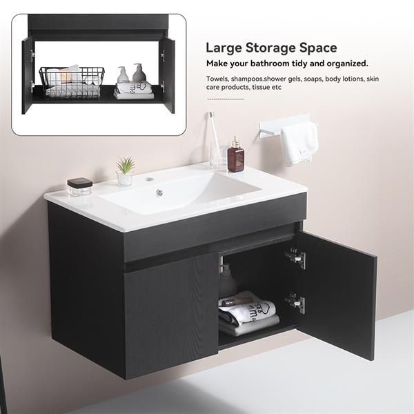 30 Inch Wall Mounted Bathroom Vanity with White Ceramic Basin,Two Soft  Close Cabinet Doors, Solid Wood,Excluding faucets,black