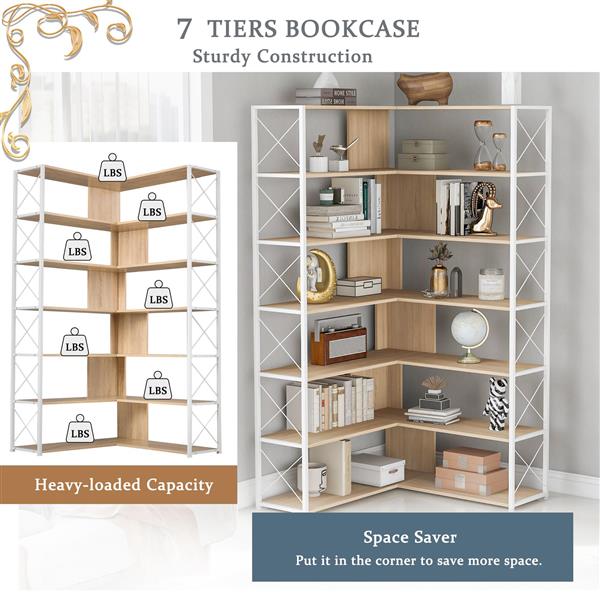 7-Tier Bookcase Home Office Bookshelf,  L-Shaped Corner Bookcase with Metal Frame, Industrial Style Shelf with Open Storage, MDF Board