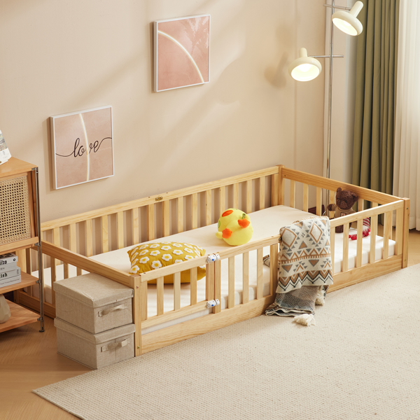 Fence bed with door and decking, natural wood color, painted surface, pine wood, twin children's bed