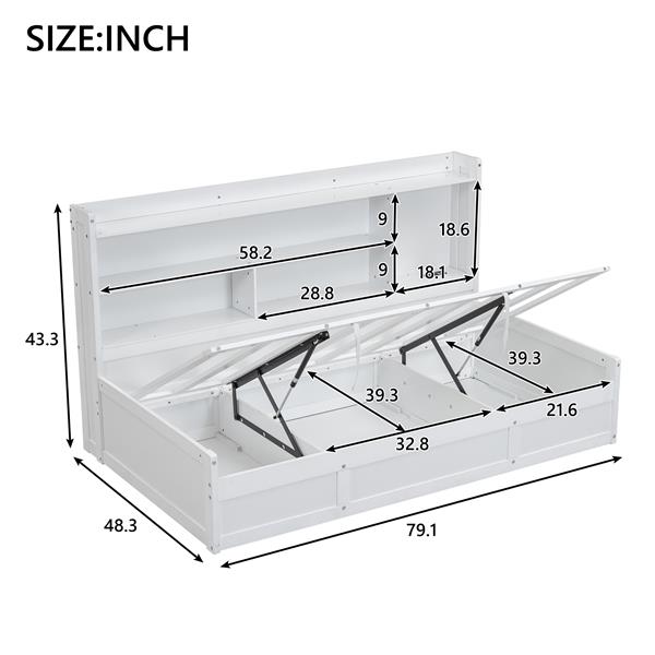 Twin Size Daybed Frame with Storage Bookcases and Underneath Storage, USB Charging Station, White