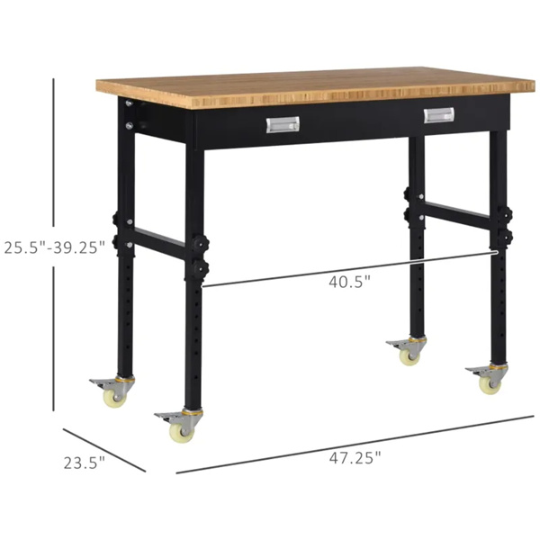 47" Garage Work Bench with Drawer and Wheels, Height Adjustable Legs, Bamboo Tabletop Workstation Tool Table