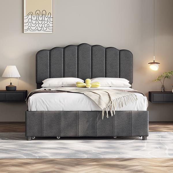 Full Size Upholstered Bed with 4 Storage Drawers,Wood Slat Support, Gray