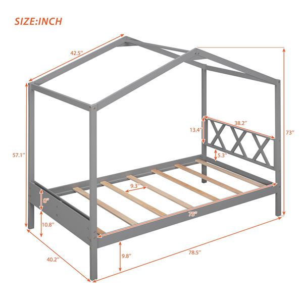 Twin Size Wood House Bed with Storage Space, Gray