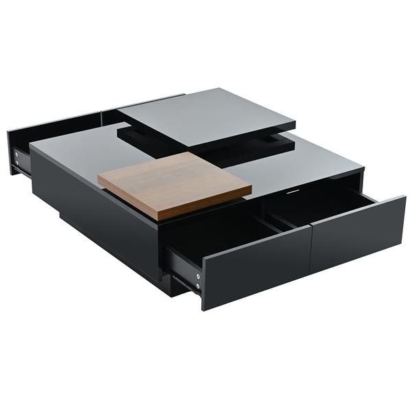 Movable Top Coffee Table, Modern Square Wood Coffee Table with High Gloss finish, 4 Hidden Storage Drawers for Living Room