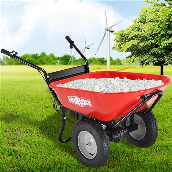 RedRock Wheelbarrow Utility Cart Electric Powered 24V DC 180W AGM Battery 330lbs (150kgs) Max Capacity Barrel Dump Material Debris Hauler