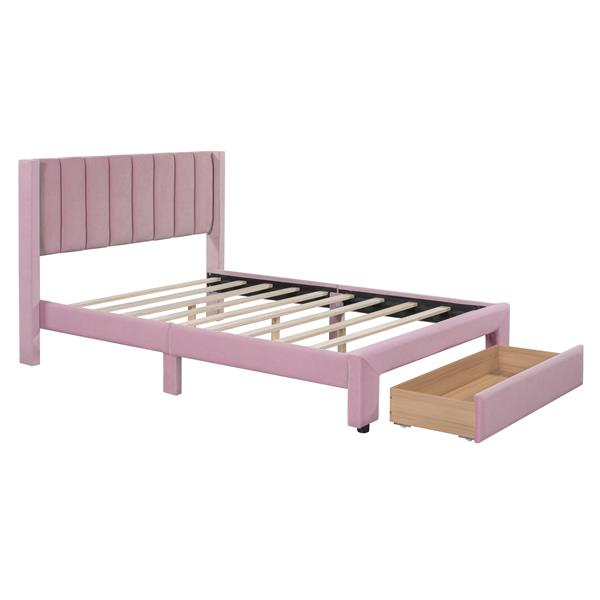 Full Size Storage Bed Velvet Upholstered Platform Bed with a Big Drawer - Pink