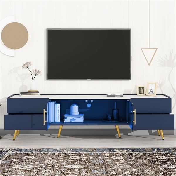 Modern TV Stand with LED lights for TVs up to 80 Inches, Entertainment Center with 4 Drawers and 1 Cabinet with Brown Glass Door, Media Console with Metal Legs and Handles for Living room