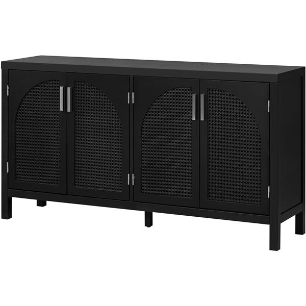 Large Storage Space Sideboard with Artificial Rattan Door and Metal Handles for Living Room and Entryway (Black)