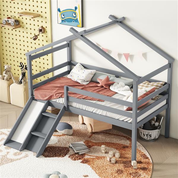 Twin Low Loft House Bed with Slide,  Ladder, Safety Guardrails, House Roof Frame,Grey