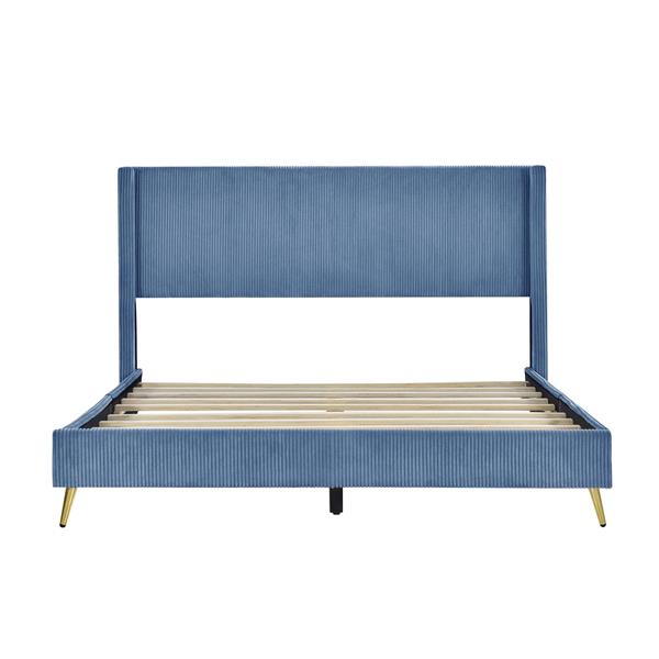 Queen Size Corduroy Platform Bed with Metal Legs, Blue