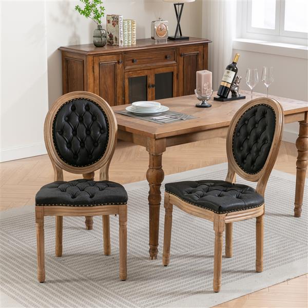 French Style Solid Wood Frame Antique Painting,Hand-pulled buckle decoration PU artificial leather Dining Chair with Nailhead Trim ,Wood Legs,Set of 2,Black,SW1839BK