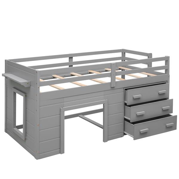 Twin Size Loft Bed with Cabinet and Shelf - Gray