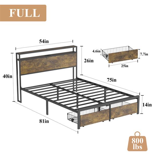 Full Bed Frame with LED Lights and Charging Station - Robust Metal  Wood Construction, Rustic Wood Platform Bed Frame with 2 Drawers, No Box Spring Needed, Noise Free, Vintage Brown, Easy Assemble