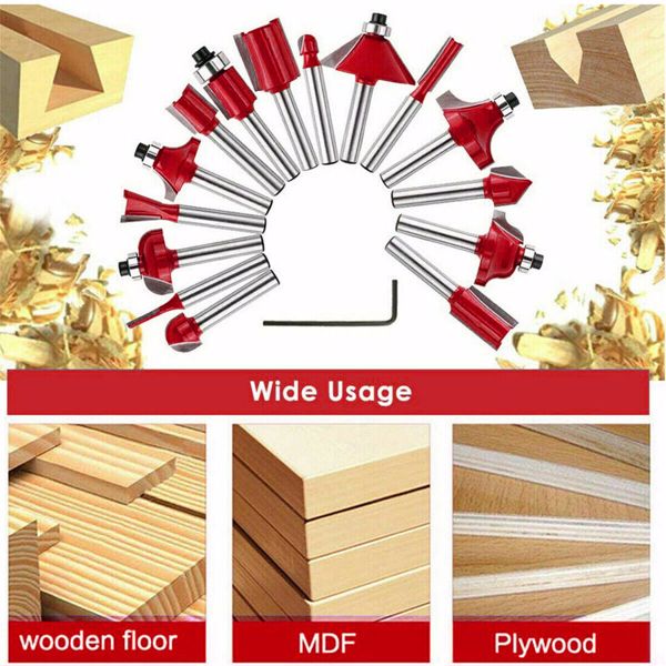 15x Tungsten Carbide Tipped TCT Router Bits 1/4" Shank Sealed Bearing Bit Set UK