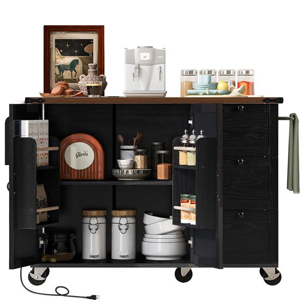 54.5" Farmhouse Kitchen Island with Power Outlet, Kitchen Storage Island  with Internal Storage Rack, Drop Leaf, Spice Rack, Rolling Kitchen Cart on Wheels, for Home, Kitchen and Dining Room,Black