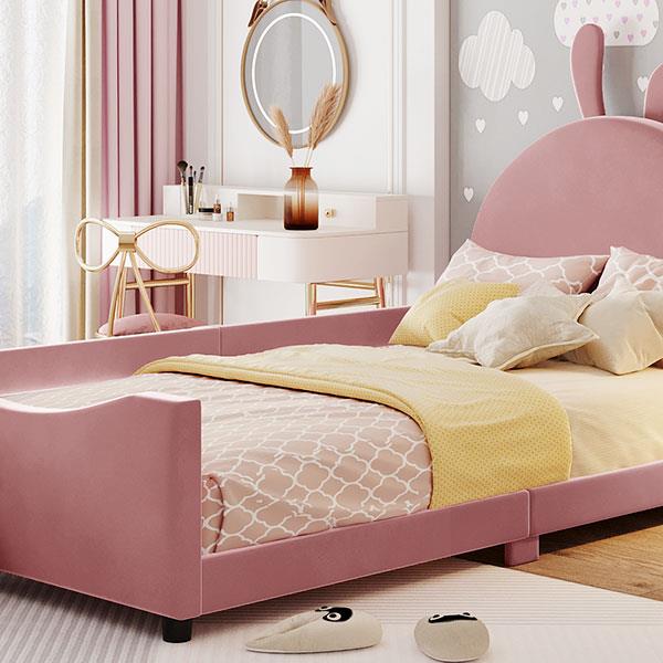 Twin Size Upholstered Daybed with Rabbit Ear Shaped Headboard, Pink