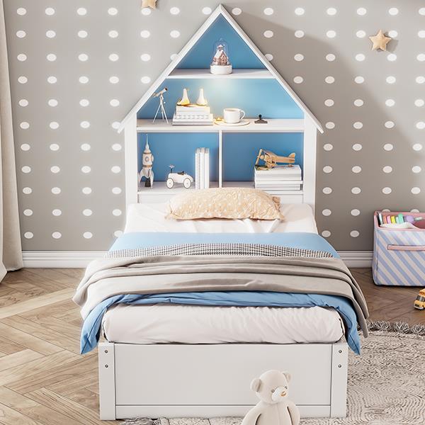 Twin Size House-Shaped Bed with Bookcase Headboard and Led Light and Twin Size Trundle for Kids Boys Girls, Blue+ White