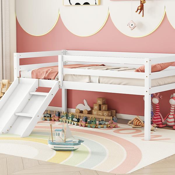 Twin Low Loft Bed with Slide,  Ladder, Safety Guardrails, No Box Spring Needed,White