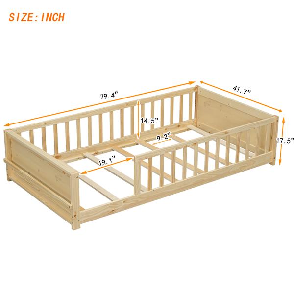 Twin size Floor Platform Bed with Built-in Book Storage Rack,Natural