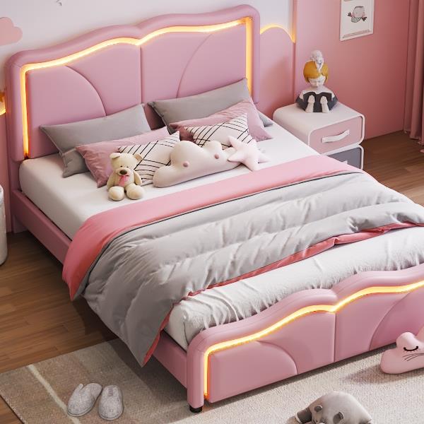 Full Size Upholstered Platform Bed with Curve Shaped and Height-adjustbale Headboard,LED Light Strips,Pink