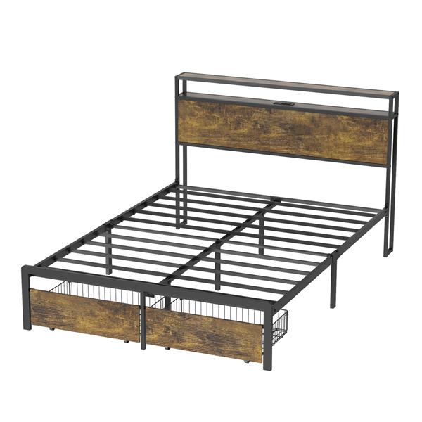 Full Bed Frame with LED Lights and Charging Station - Robust Metal  Wood Construction, Rustic Wood Platform Bed Frame with 2 Drawers, No Box Spring Needed, Noise Free, Vintage Brown, Easy Assemble