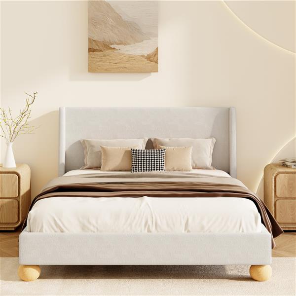 Modern Boucle Upholstered Platform Bed with Wingback Headboard and Round Wooden Legs, Beige,King Size