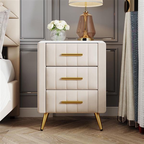 Upholstered Wooden Nightstand with 3 Drawers and Metal Legs&Handles,Fully Assembled Except Legs&Handles,Bedside Table with Marbling Worktop - Beige