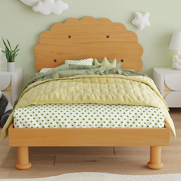 Kids Cookie-Shaped Bed Frame for Boys & Girls,Twin Size Platform Bed, Walnut