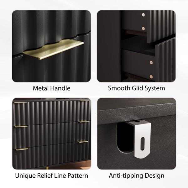 Black Modern 6 Drawers for Living Room for Hallway with Gold Handles Bedroom Chest of Drawers 