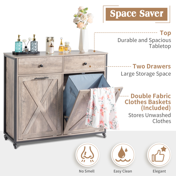 [FCH] Kitchen Trash Can Cabinet, 2 Doors 2 Drawers 2 Dirty Clothes Bags Garbage Storage Cabinet, Gray Wood