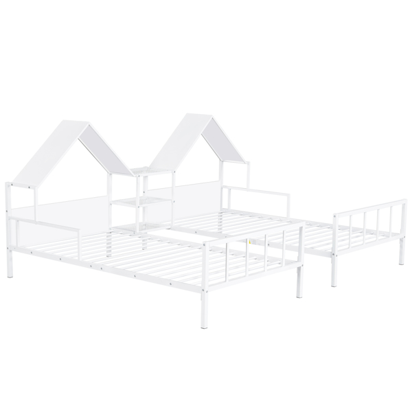 Metal Double Twin Size Platform Bed with House-shaped Headboard and a Built-in Nightstand, White