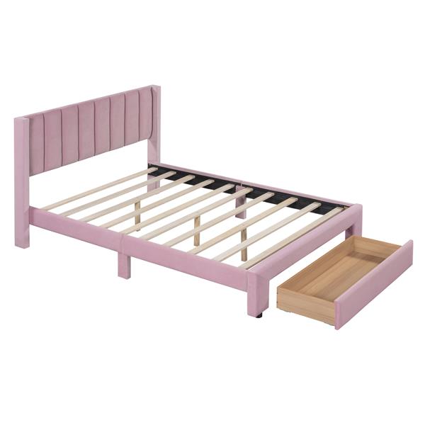 Full Size Storage Bed Velvet Upholstered Platform Bed with a Big Drawer - Pink