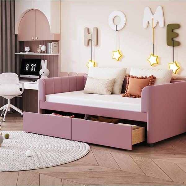 Twin Size Upholstered Daybed with Ergonomic Design Backrest and 2 Drawers, Pink