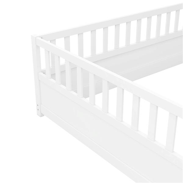 Full size  Floor bed, integral construction with super high security barrier, door, children's floor bed frame, Montessori wooden children's floor bed, white