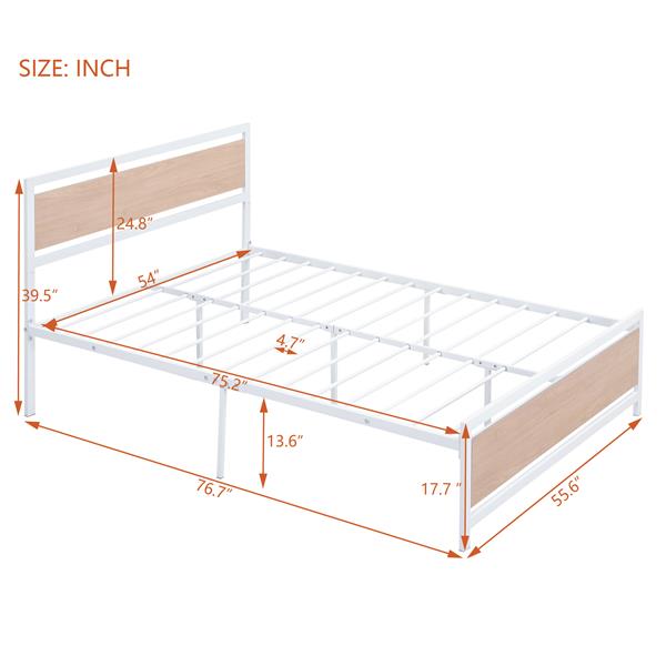 Full Size Platform Bed, Metal and Wood Bed Frame with Headboard and Footboard , White