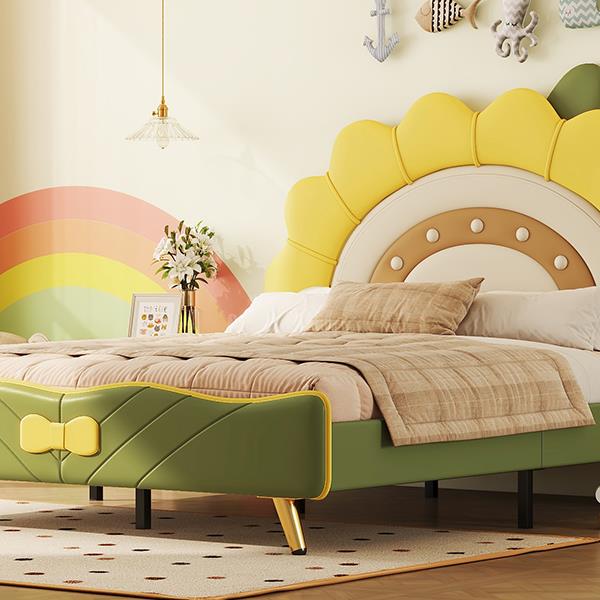 Full Size Upholstered Platform Bed with Sunflower Shaped Headboard, Green