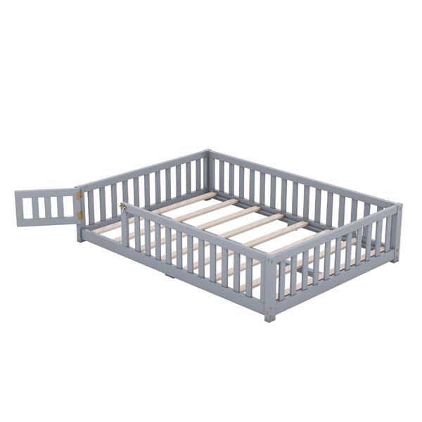 Full Size Bed Floor Bed with Safety Guardrails and Door for Kids, Gray