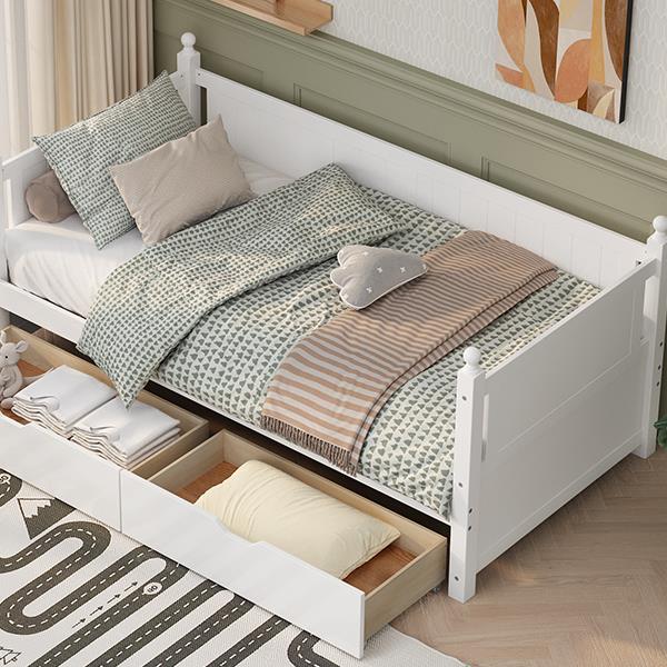 Twin Size Solid Wood Daybed with 2 drawers for Limited Space Kids, Teens, Adults, No Need Box Spring, White